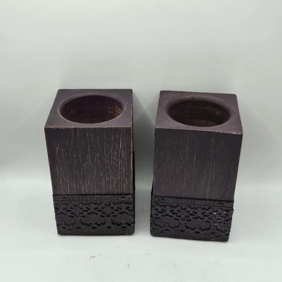 Pair Of Wooden Sugar Mold Wood Candle Holder Primitive Dark Purple 5" H - Picture 8 of 16